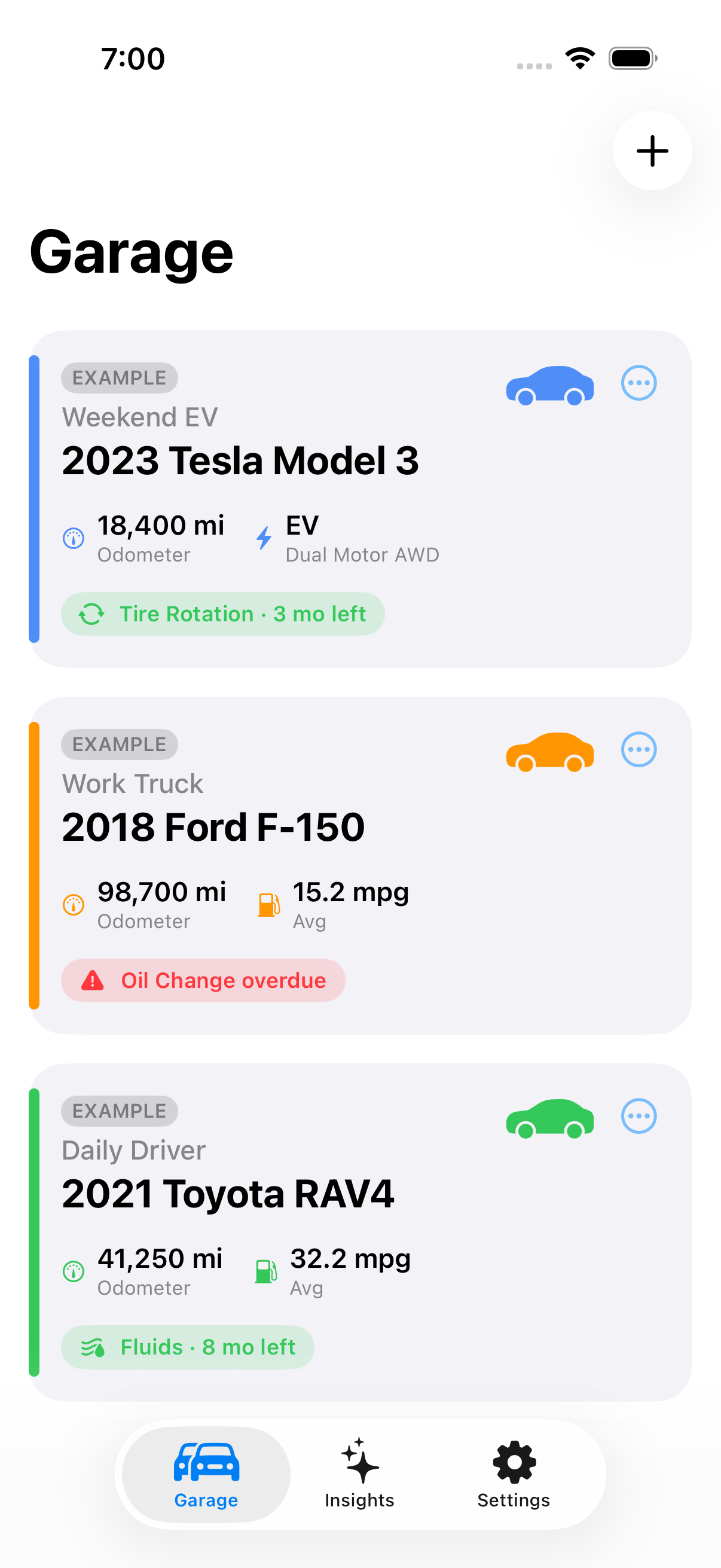 The garage, listing three vehicles with what's due on each