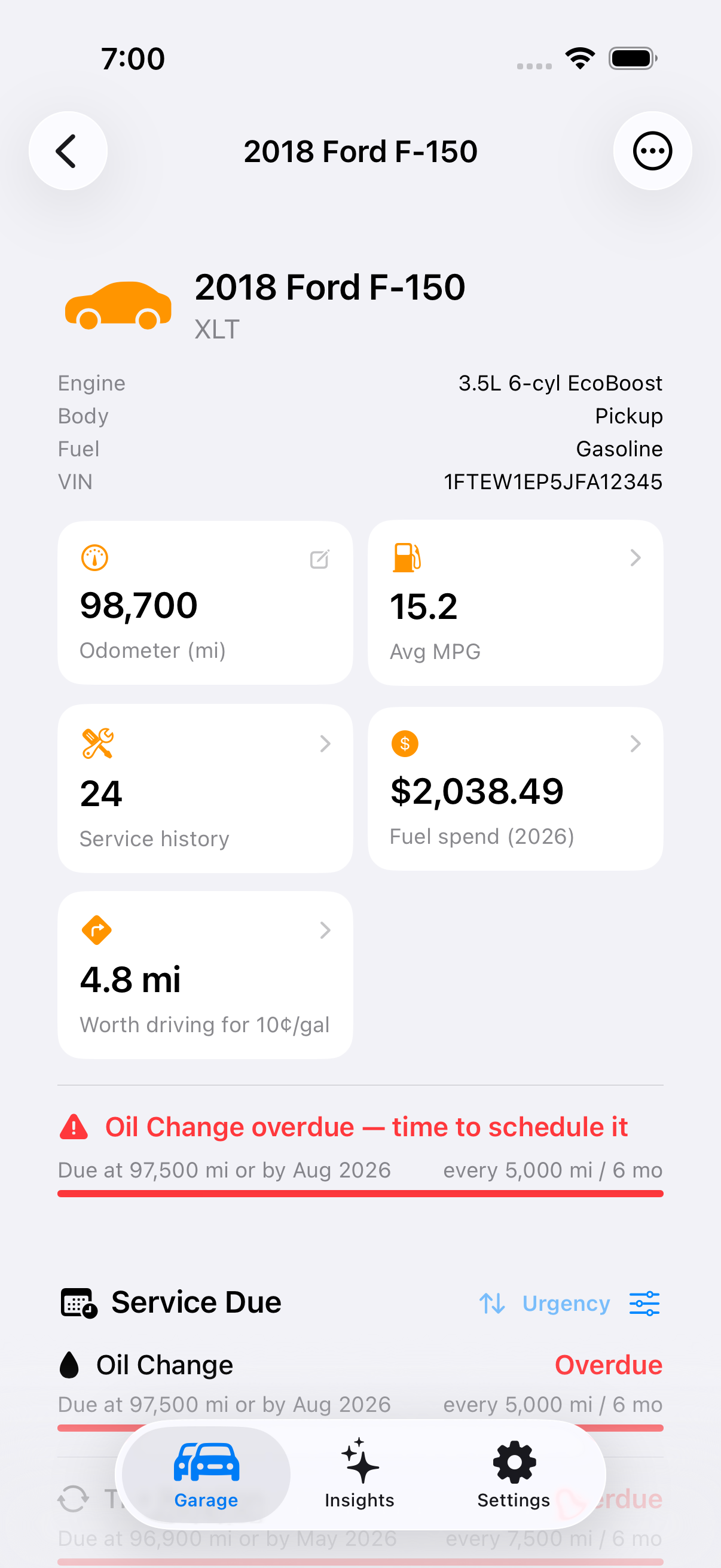 One vehicle, showing odometer, average MPG, service history and fuel spend