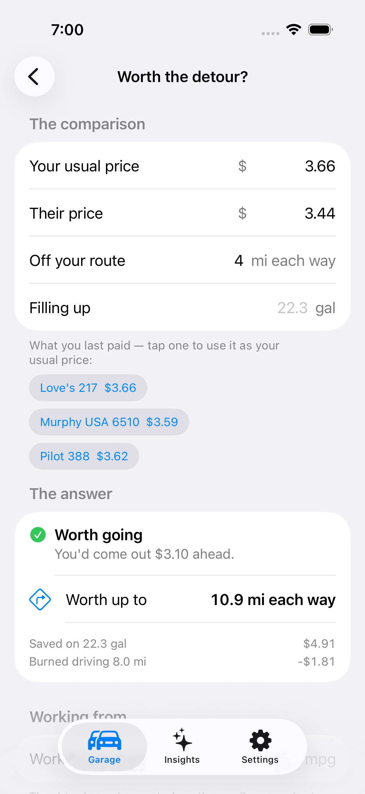 The detour calculator, showing how far a saving is worth driving